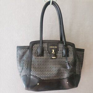 London Fog Black Laser Cut Womens Vegan Leather Handbag Tote Gold Lock Key EUC